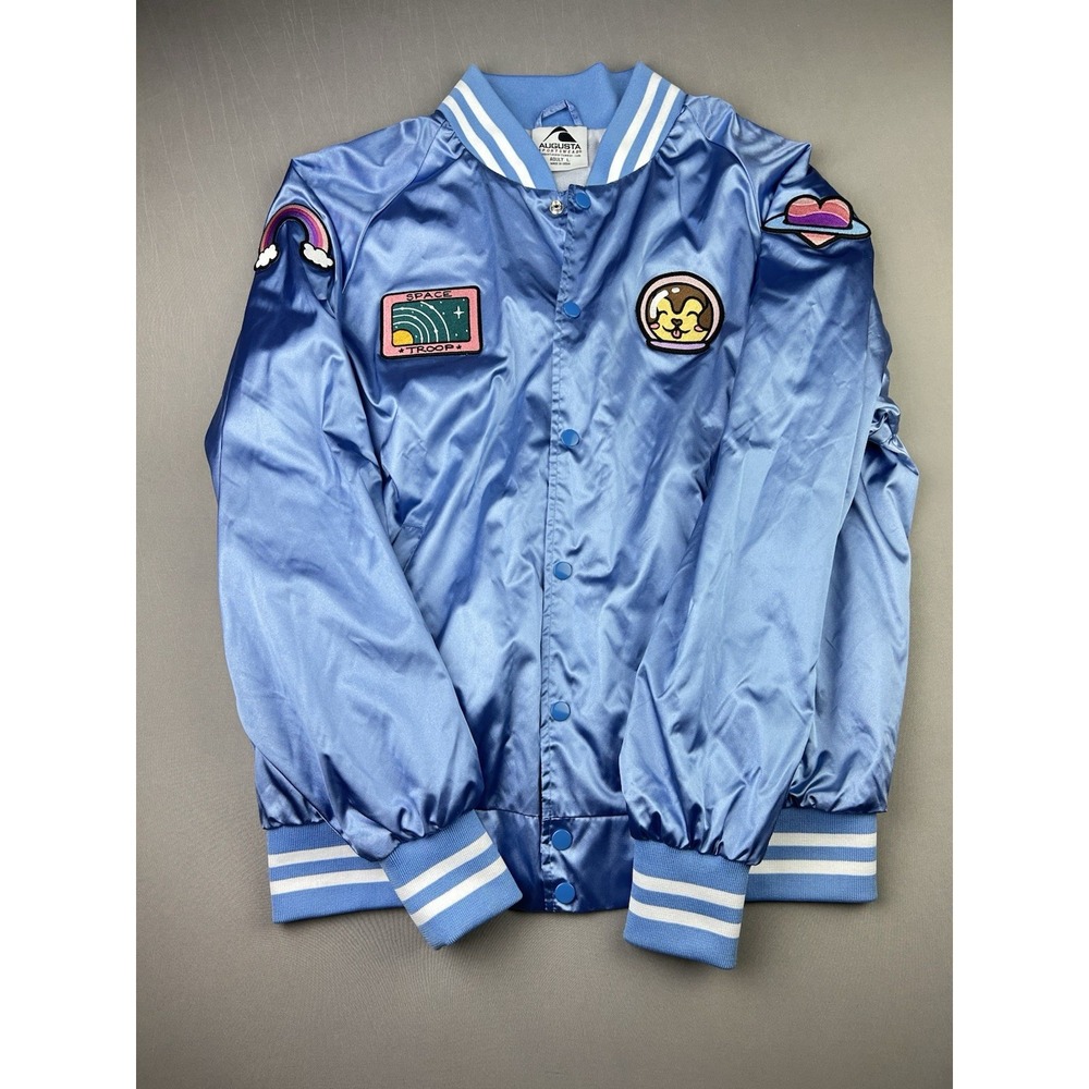 Lauren Z Side Women's‎ L Space Camp Satin Retro Varsity Jacket Blue With Patches